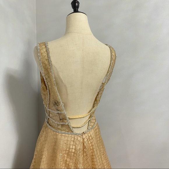 # Mac Duggal Gold Sequin Illusion Neck A Line Gown - Picture 13 of 17